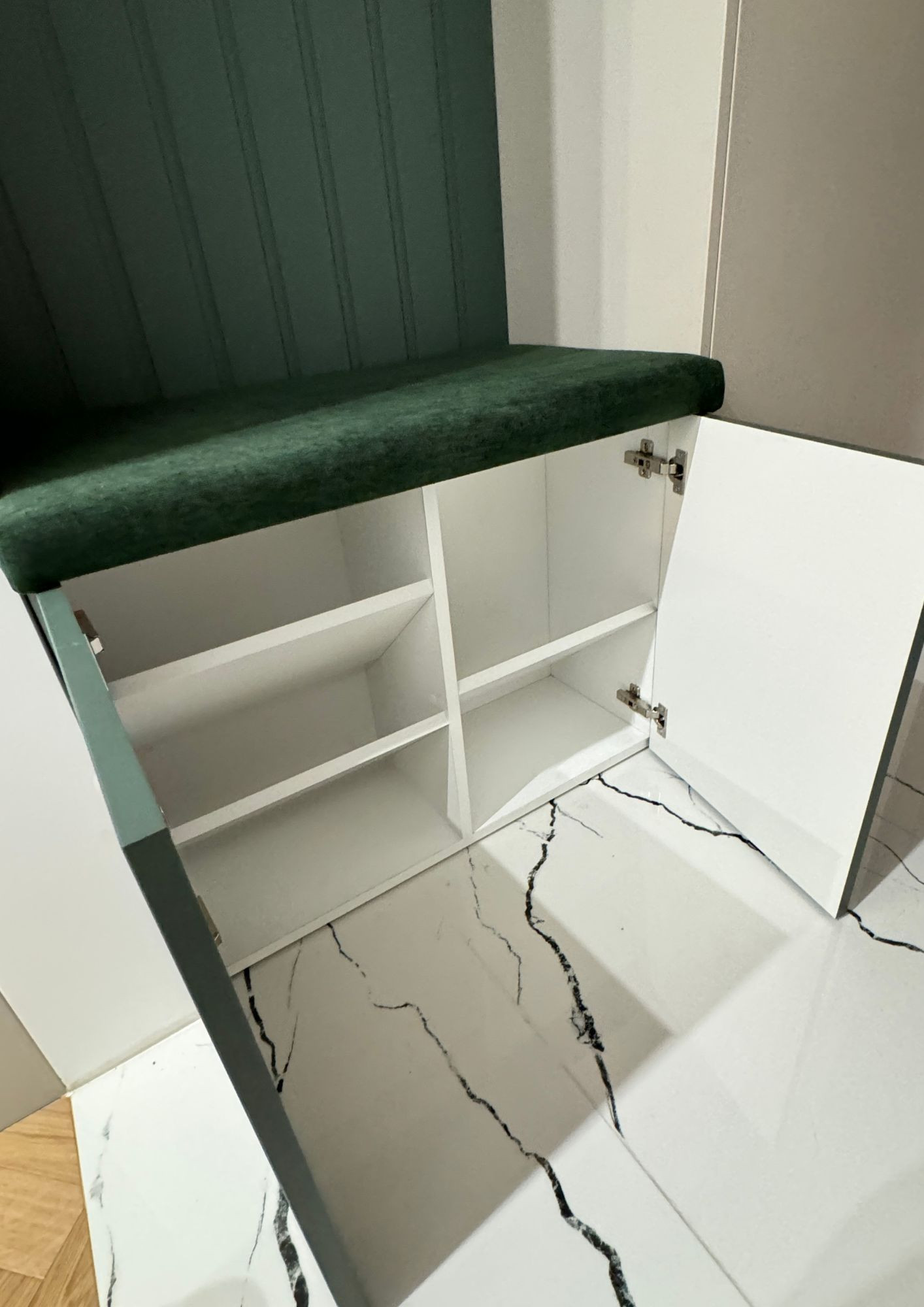 Shoe cabinet with an upholstered seat and panels - custom-made furniture in Leszno