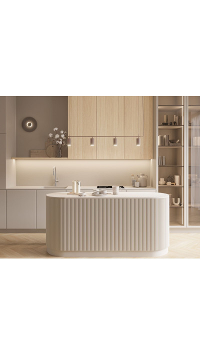 A modern kitchen with a grooved island, light gray cabinet fronts, and cabinets made of natural oak veneer, featuring a warm des A modern kitchen with a grooved island, light gray cabinet fronts, and cabinets made of natural oak veneer, featuring a warm des
