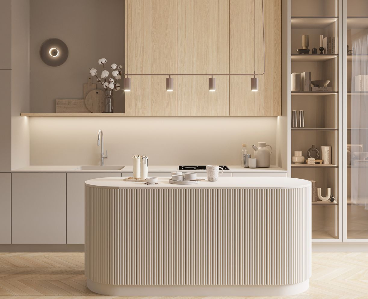 A modern kitchen with a grooved island, light gray cabinet fronts, and cabinets made of natural oak veneer, featuring a warm des A modern kitchen with a grooved island, light gray cabinet fronts, and cabinets made of natural oak veneer, featuring a warm des