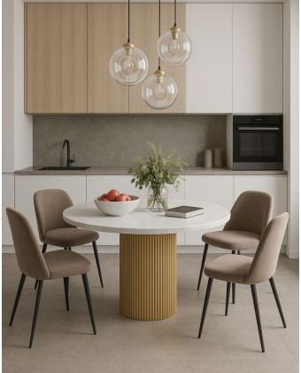 Okrągły stół na złotej nodze z blatem z białego MDFu