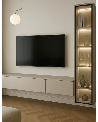 A hanging, backlit display case with glass and LED lighting.