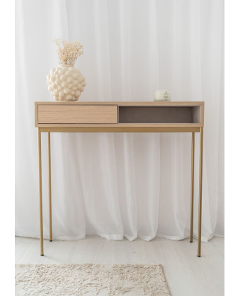 Konsola NOVA z szufladą i wnęką na złotych nogach – 100 cm