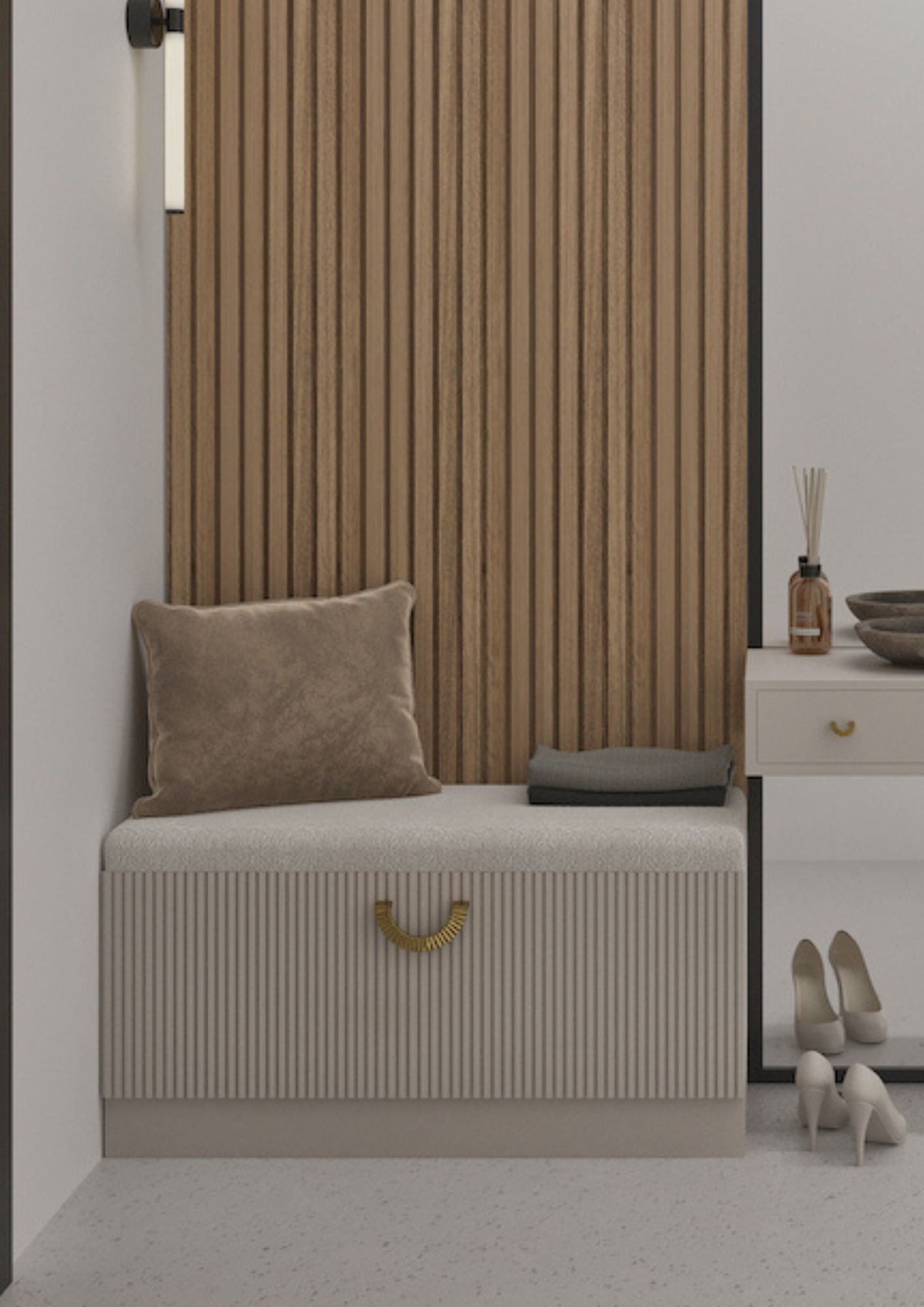 Shoe cabinet with an upholstered seat in cashmere color