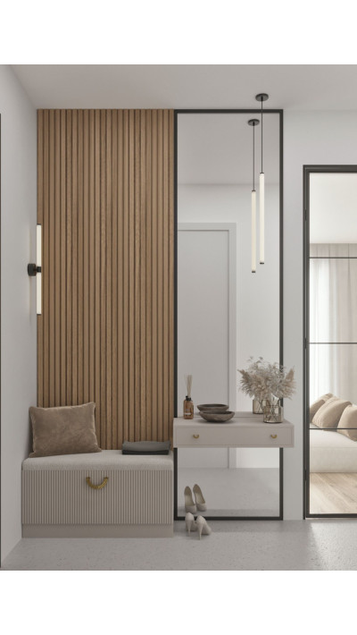 A modern entryway bench with shoe storage and a grooved front