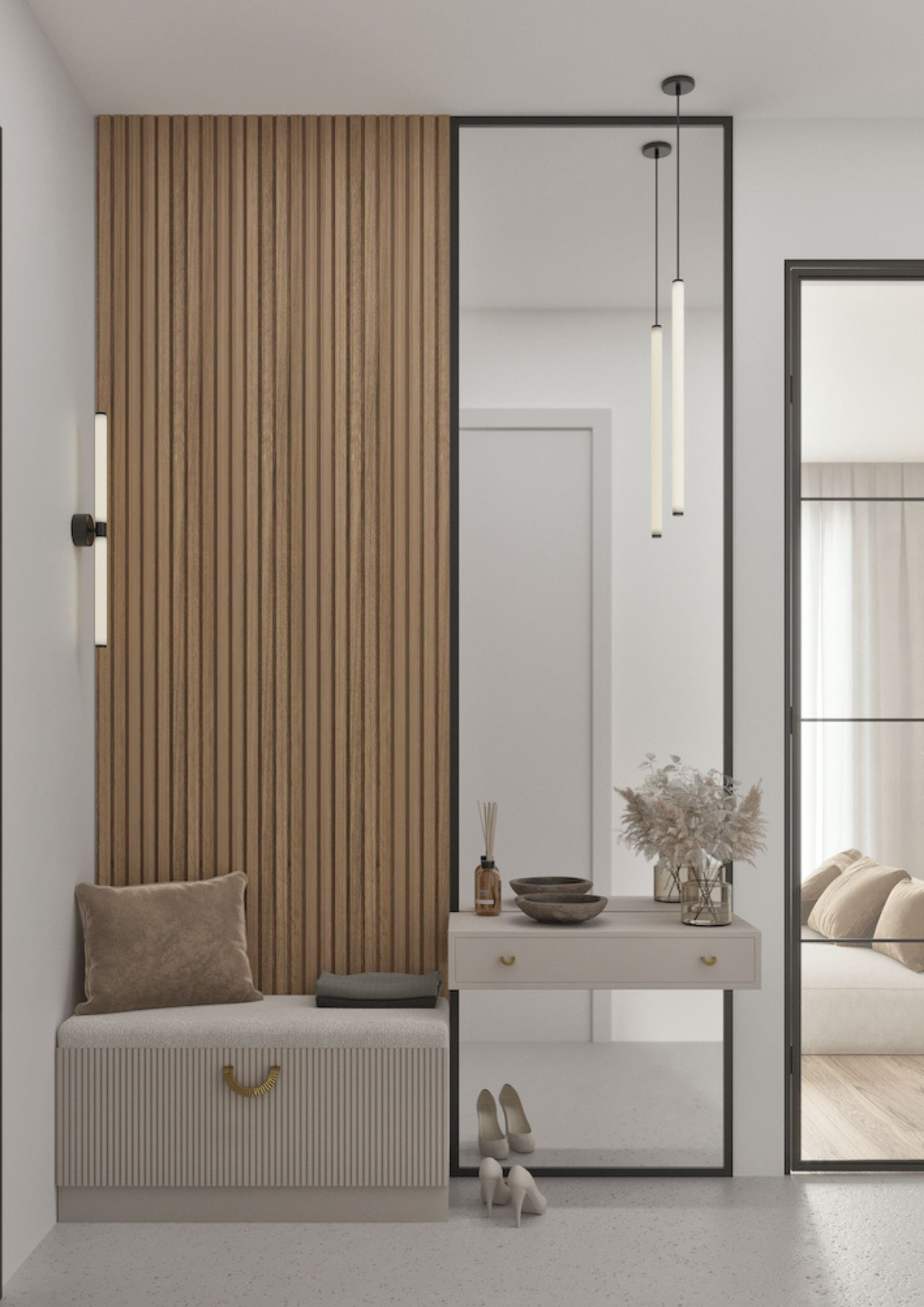 A modern entryway bench with shoe storage and a grooved front