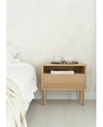 MAVIA nightstand made of oak veneer with a grooved front and an open shelf