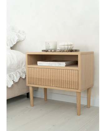 MAVIA nightstand made of oak veneer with a grooved front and an open shelf