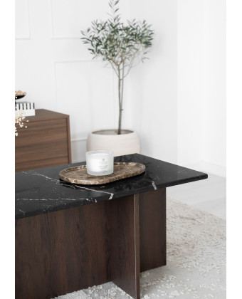 Stolik SOREN z czarnym blatem ze spieku Nero Marquina i ciemną podstawą Stolik SOREN z czarnym blatem ze spieku Nero Marquina i ciemną podstawą