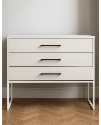 Beżowa komoda z forniru dębowego na metalowych nogach z trzema szufladami