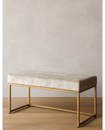 Nowoczesna pufa tapicerowana na złotej podstawie | Minimalistyczna ławka do przedpokoju i sypialni