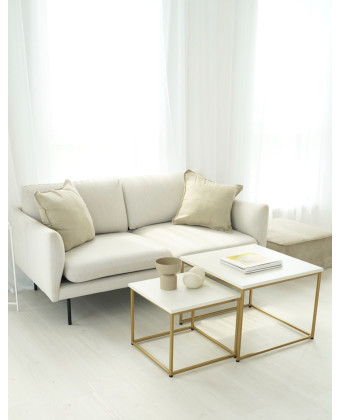 Komplet dwóch stolików kawowych z białym blatem fornirowanym i złotą podstawą