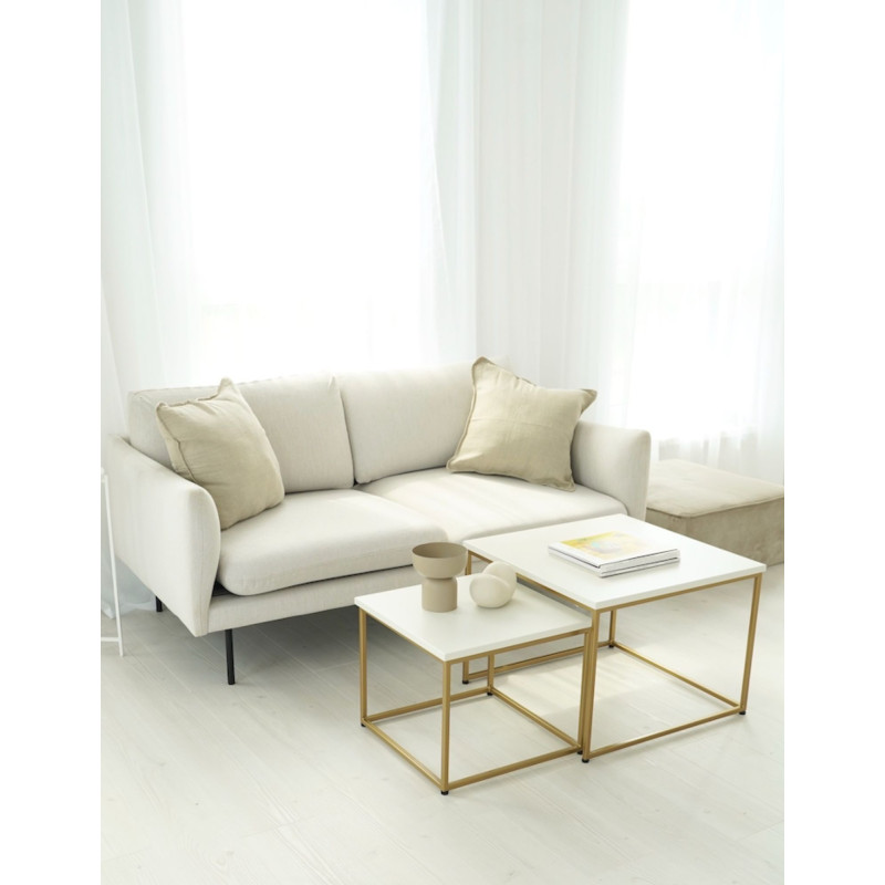 Komplet dwóch stolików kawowych z białym blatem fornirowanym i złotą podstawą