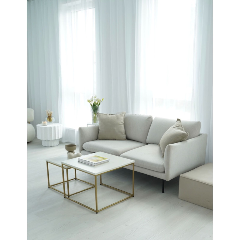 Komplet dwóch stolików kawowych z białym blatem fornirowanym i złotą podstawą