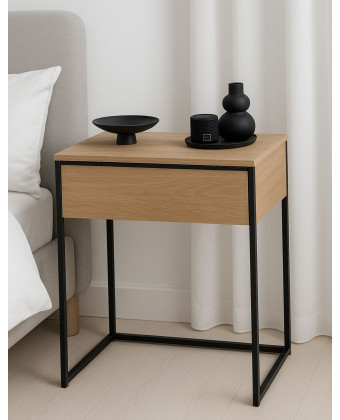 Szafka nocna IDA z szufladą | dąb, jasne drewno, czarne metalowe nogi
