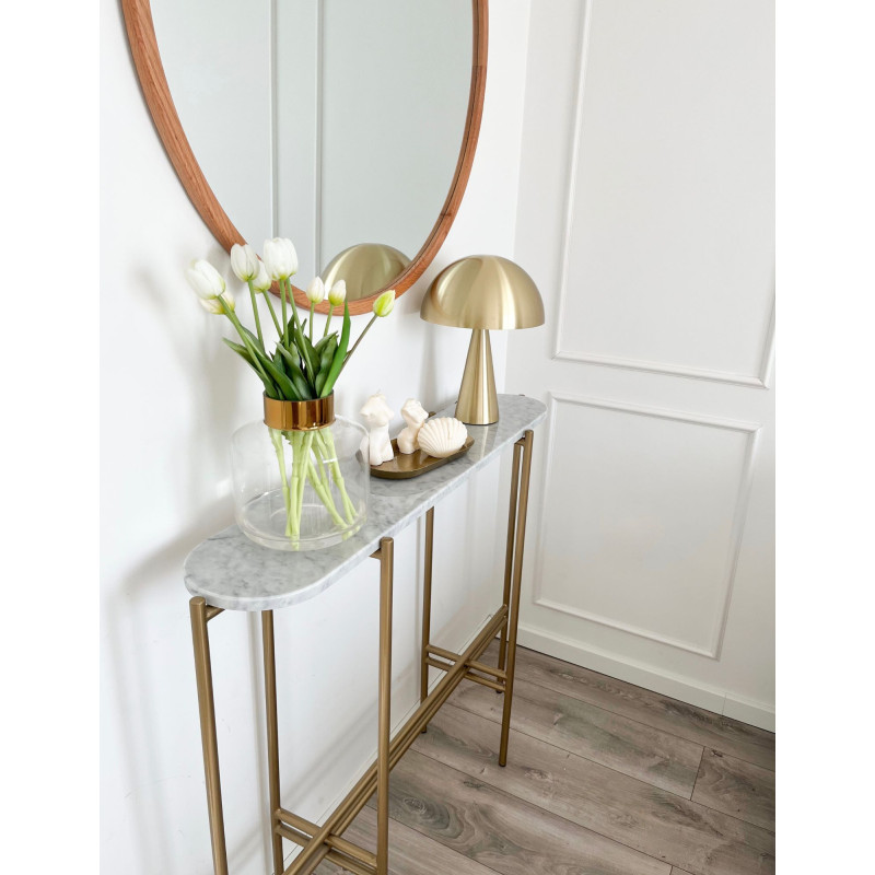 Złota konsola TRIXA z eliptycznym blatem z marmuru | Styl glamour i lekkość