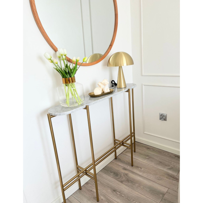 Złota konsola TRIXA z eliptycznym blatem z marmuru | Styl glamour i lekkość