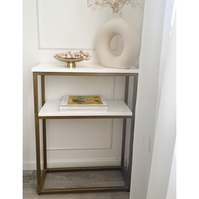 Nowoczesna biała konsola przyścienna z półką | Konsola biało-złota do salonu i przedpokoju