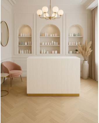 Reception desk for a beauty salon. Grooved reception desk for the waiting area. Reception desk for a beauty salon. Grooved reception desk for the waiting area.