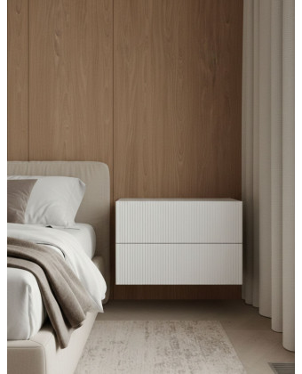 White wall-mounted nightstand with grooved fronts and 2 drawers