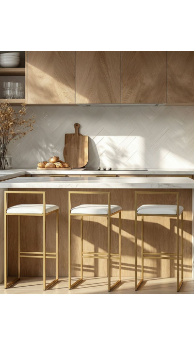 White bar stools with gold frames—a set of 3 bar stools for a kitchen island White bar stools with gold frames—a set of 3 bar stools for a kitchen island