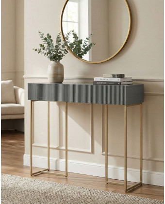 A modern entryway console table with a grooved front