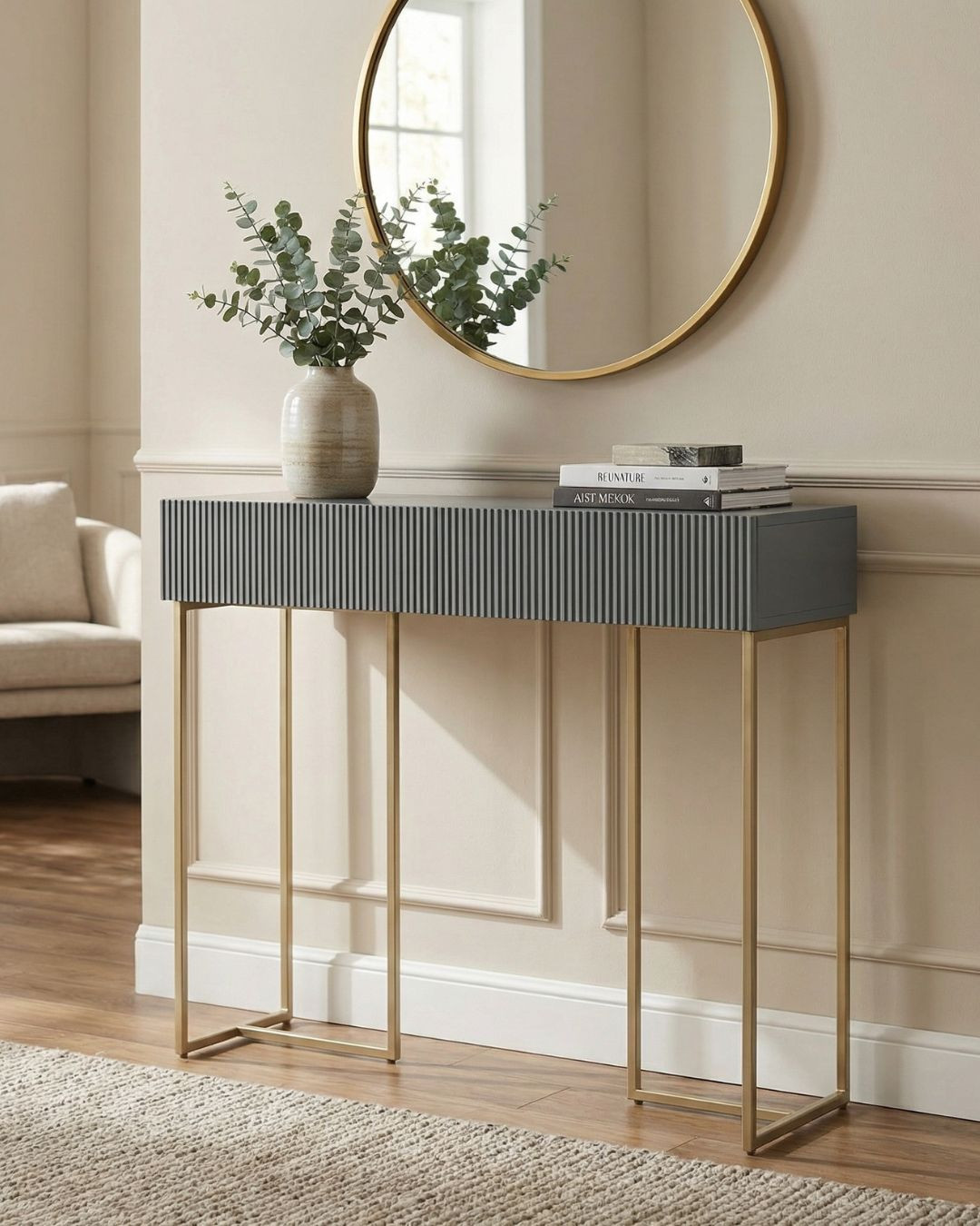 A modern entryway console table with a grooved front A modern entryway console table with a grooved front