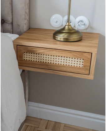 RATTAN Wall-Mounted Nightstand with Viennese Wickerwork, Wooden Nightstand for the Bedroom.