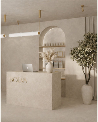 RAYS Reception Desk – a modern counter for a beauty salon with a light stone finish