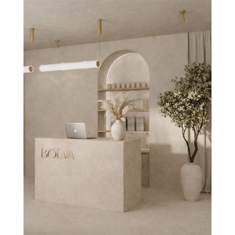 Recepcja RAYS – nowoczesna lada do salonu beauty w jasnym kamiennym wykończeniu