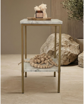 Marmurowy stolik nocny LOVIS z półką | Biały marmur i złota rama