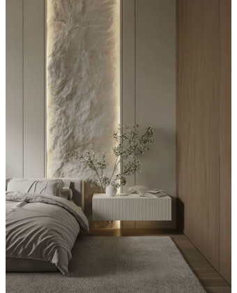 szafka nocna biała wisząca Kendra z ryflowanym frontem do sypialni nowoczesna szafka nocna PAPIERÓWKA MEBLE