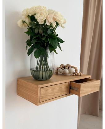 Designer wooden wall shelf with a drawer; hanging wooden shelf for the living room and bedroom