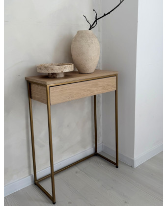 hallway console table with a drawer in a natural wood finish