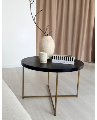 Stolik kawowy czarny okrągły z metalowymi złotymi nogami nowoczesny do salonu