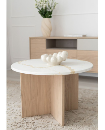Stolik do poczekalni beauty Calacatta Gold podstawa dębowa ⌀70 cm — VELA