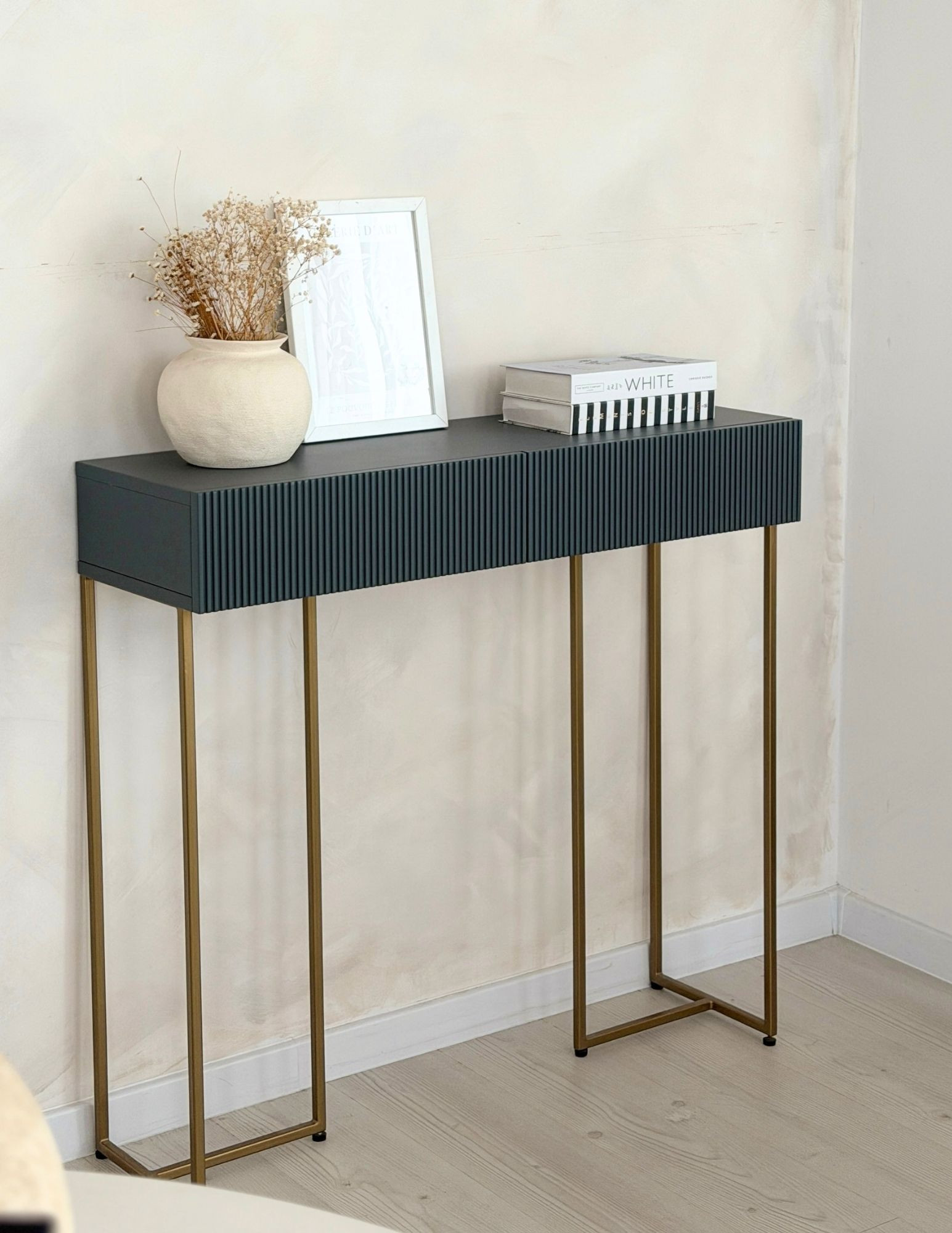 glamorous console table, graphite and gold, grooved front, for the entryway glamorous console table, graphite and gold, grooved front, for the entryway