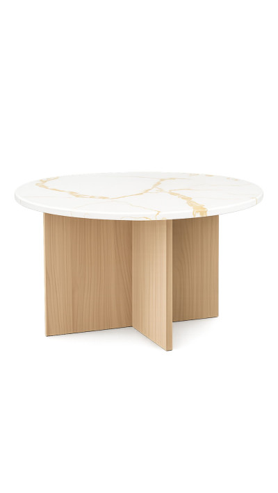 Stolik do poczekalni beauty Calacatta Gold podstawa dębowa ⌀70 cm — VELA