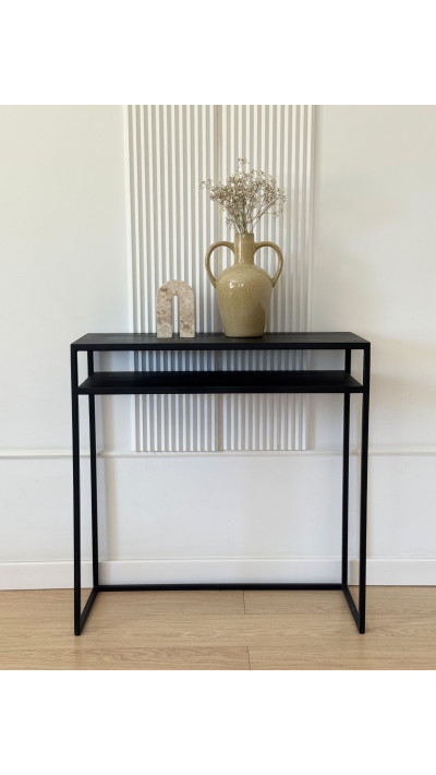 konsola do salonu stal czarna minimalistyczna z półką konsola do salonu stal czarna minimalistyczna z półką