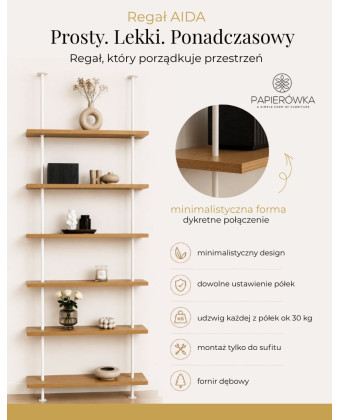 Nowoczesny regał rozporowy z półkami z naturalnego forniru dębowego i białą stalową konstrukcją. Nowoczesny regał rozporowy z półkami z naturalnego forniru dębowego i białą stalową konstrukcją.