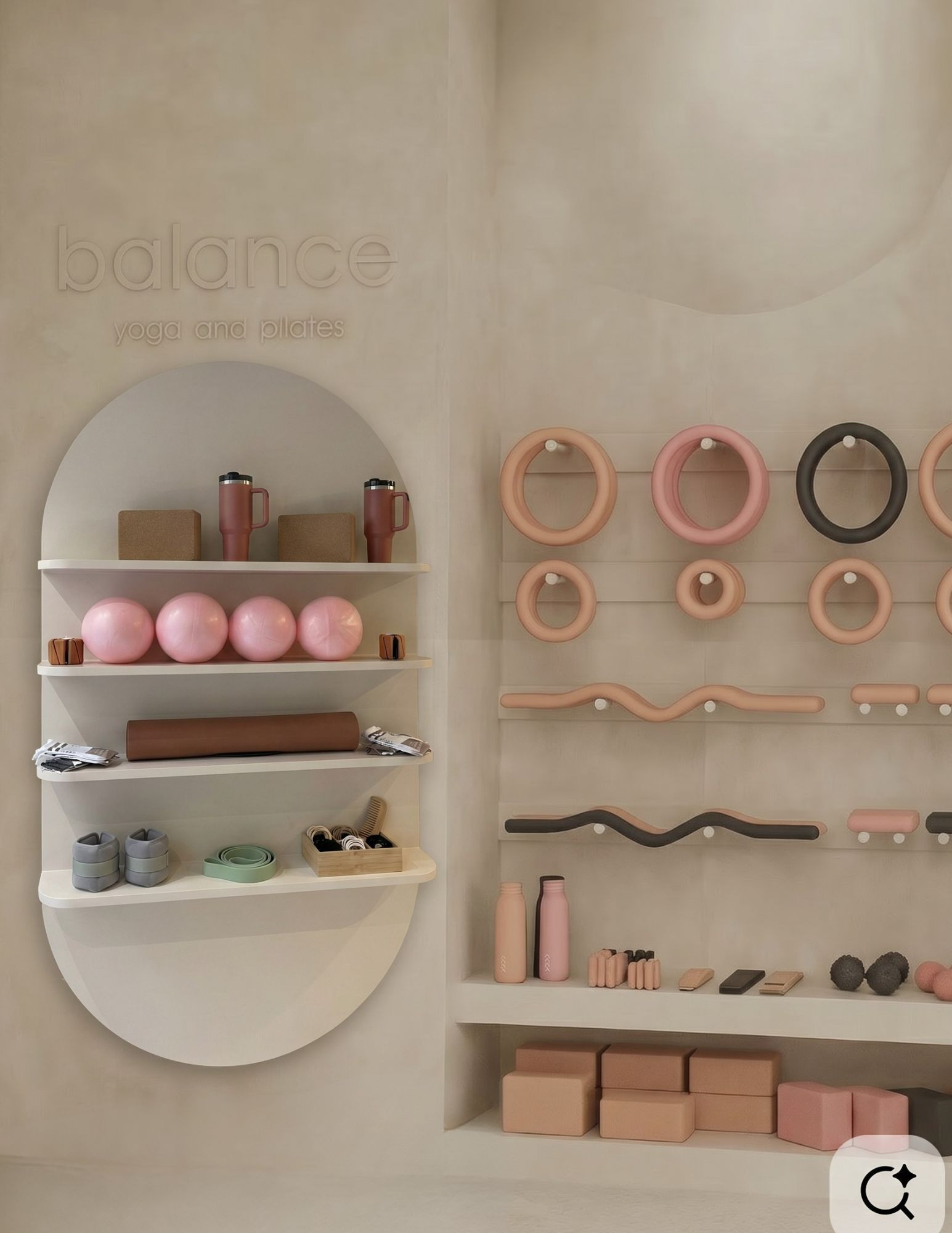 Regał ścienny BOW - nowoczesny owalny regał wiszący z 4 półkami. Pilates Regał ścienny BOW - nowoczesny owalny regał wiszący z 4 półkami. Pilates