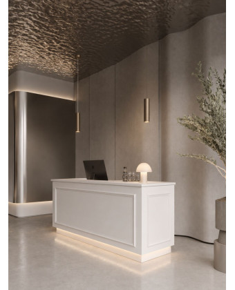 MONROE - Reception desk with decorative stucco trim.
