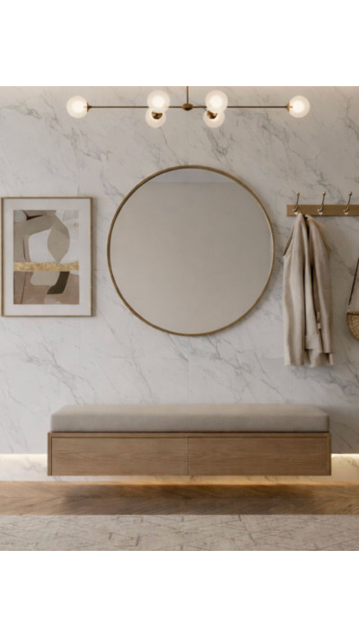 Wisząca szafka na buty z tapicerowanym siedziskiem MAEL | Minimalistyczny design i ciepłe drewno Wisząca szafka na buty z tapicerowanym siedziskiem MAEL | Minimalistyczny design i ciepłe drewno