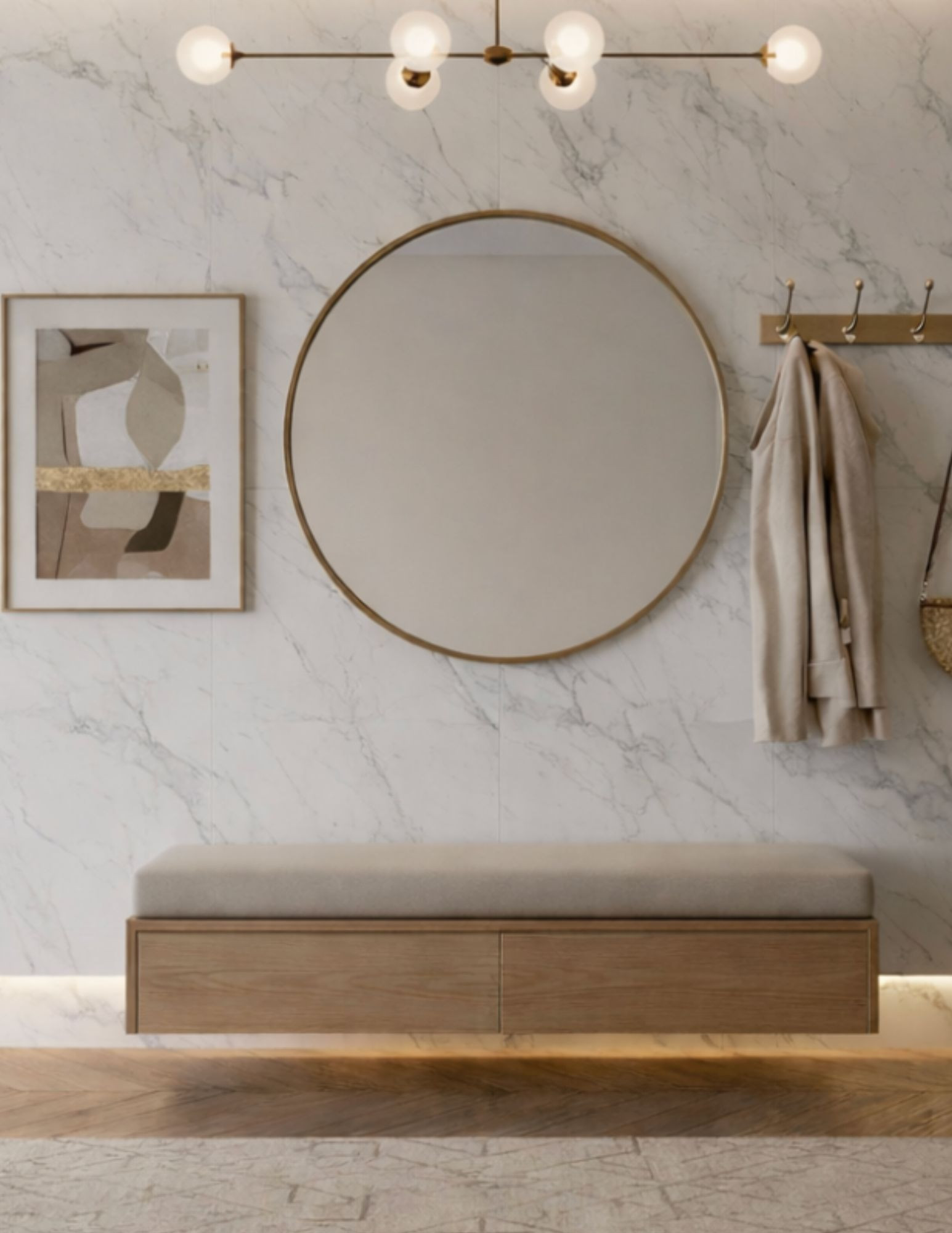 Wisząca szafka na buty z tapicerowanym siedziskiem MAEL | Minimalistyczny design i ciepłe drewno Wisząca szafka na buty z tapicerowanym siedziskiem MAEL | Minimalistyczny design i ciepłe drewno
