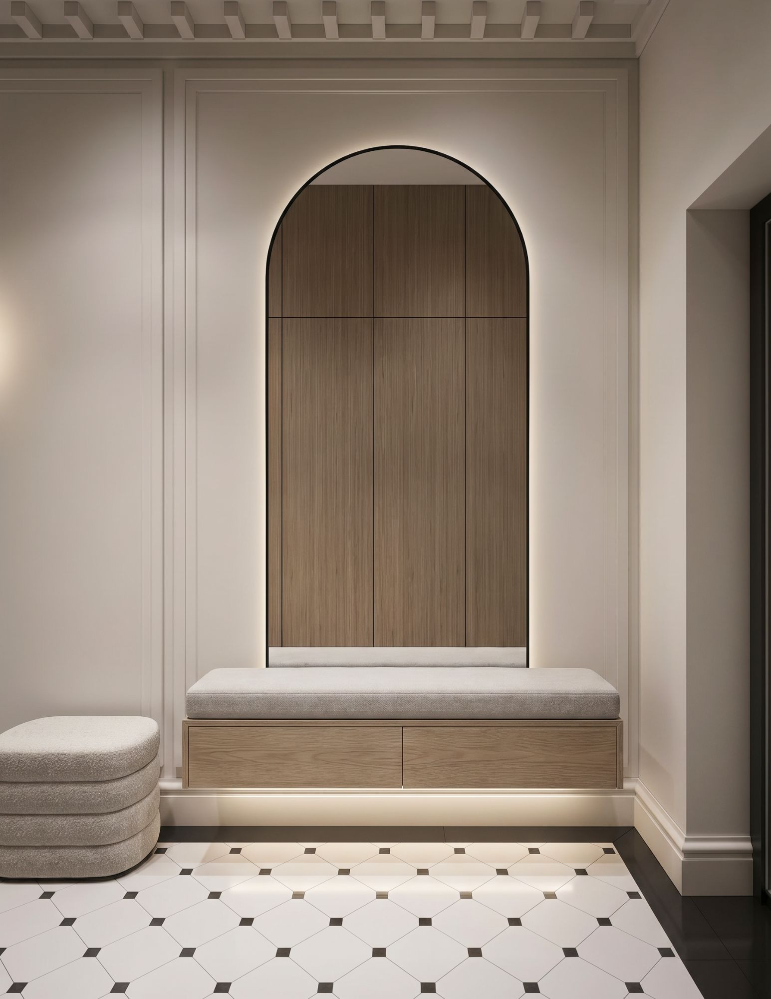 Wisząca szafka na buty z tapicerowanym siedziskiem MAEL | Minimalistyczny design i ciepłe drewno Wisząca szafka na buty z tapicerowanym siedziskiem MAEL | Minimalistyczny design i ciepłe drewno