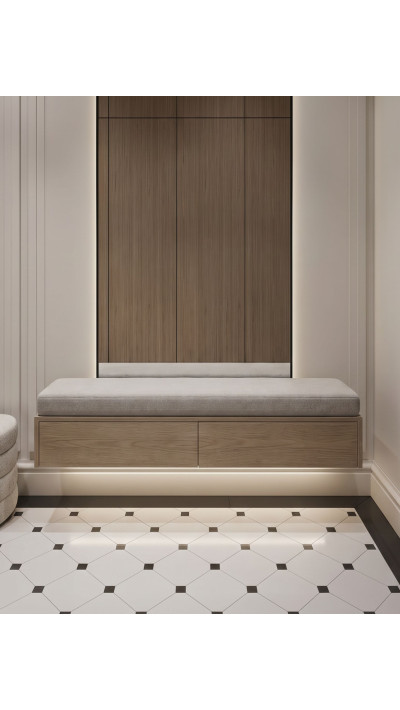 Wisząca szafka na buty z tapicerowanym siedziskiem MAEL | Minimalistyczny design i ciepłe drewno Wisząca szafka na buty z tapicerowanym siedziskiem MAEL | Minimalistyczny design i ciepłe drewno