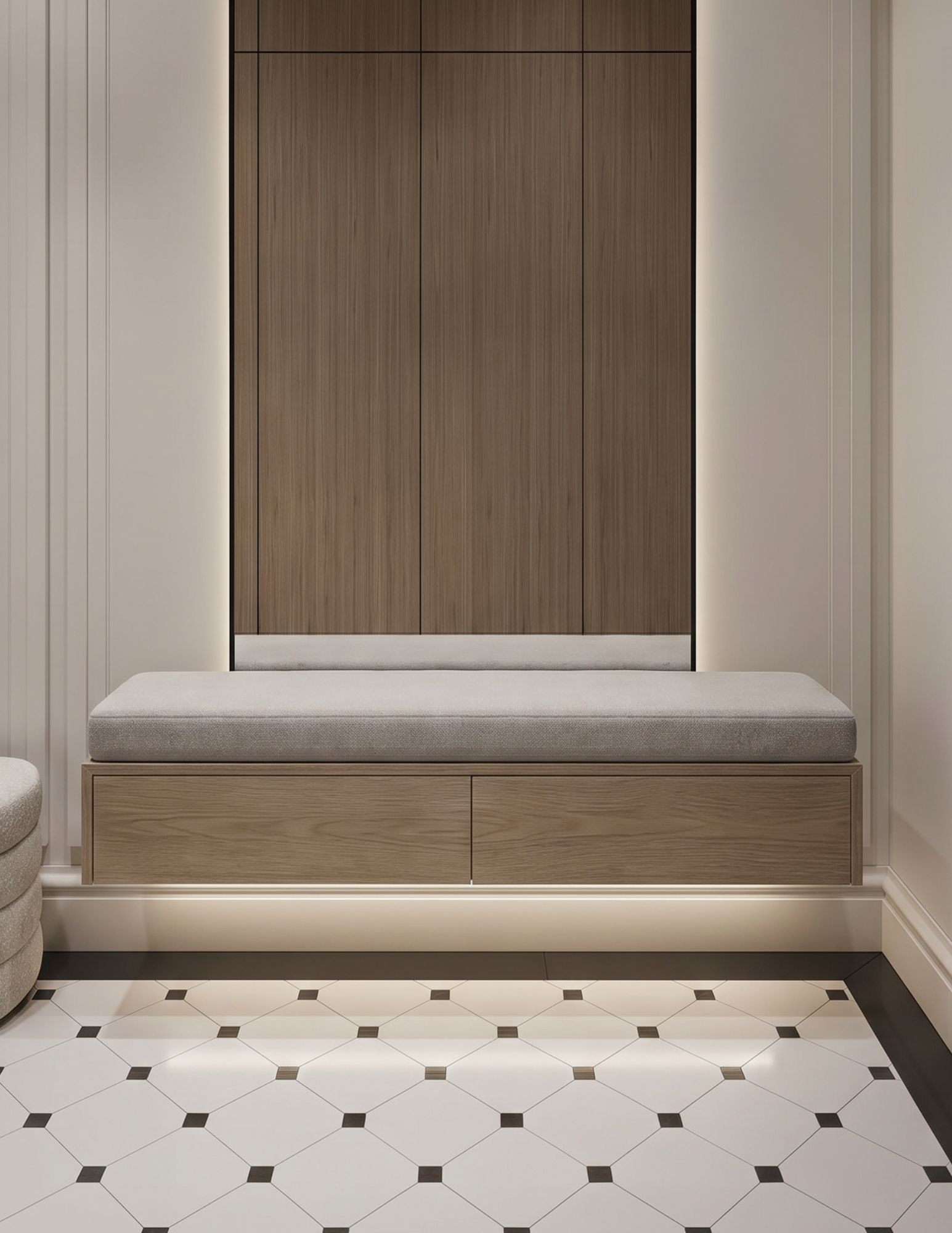 Wisząca szafka na buty z tapicerowanym siedziskiem MAEL | Minimalistyczny design i ciepłe drewno Wisząca szafka na buty z tapicerowanym siedziskiem MAEL | Minimalistyczny design i ciepłe drewno