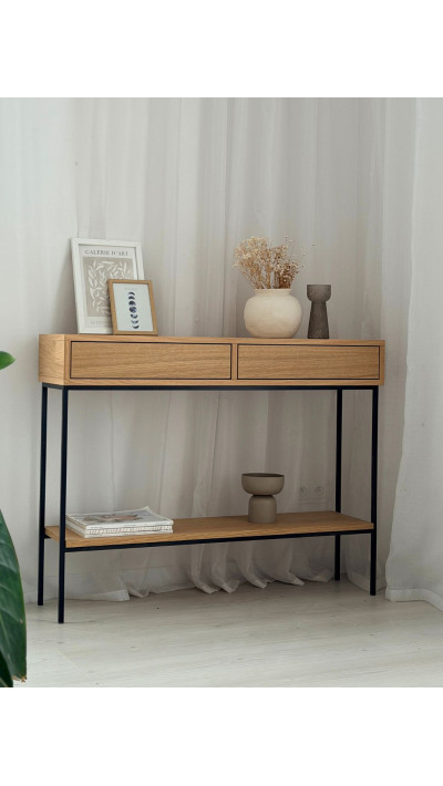 Konsola PENELOPE 100 × 30 × 80 cm z półką – fornir dębowy Konsola PENELOPE 100 × 30 × 80 cm z półką – fornir dębowy