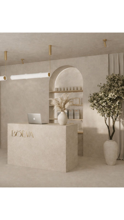 Recepcja RAYS – nowoczesna lada do salonu beauty w jasnym kamiennym wykończeniu Recepcja RAYS – nowoczesna lada do salonu beauty w jasnym kamiennym wykończeniu