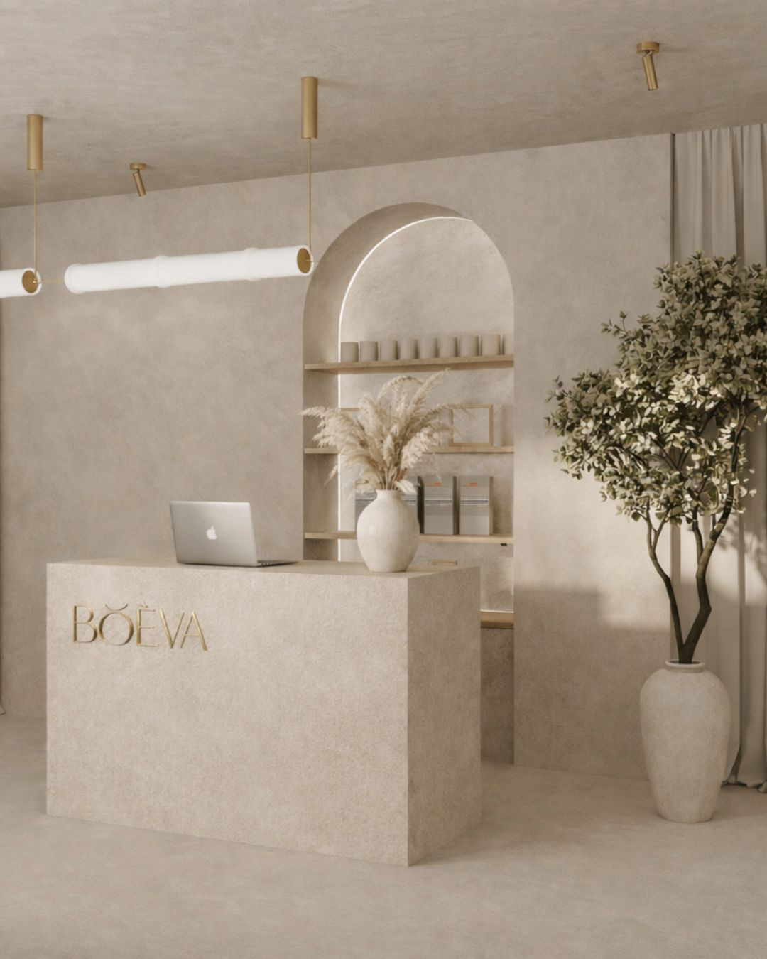 Recepcja RAYS – nowoczesna lada do salonu beauty w jasnym kamiennym wykończeniu Recepcja RAYS – nowoczesna lada do salonu beauty w jasnym kamiennym wykończeniu