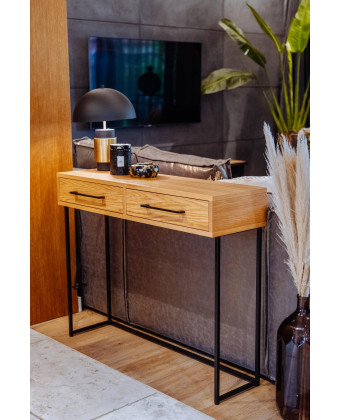 VENICE oak console table with a black metal base and two drawers